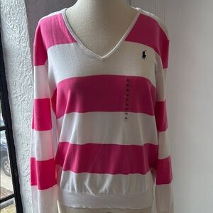 NWT Ralph Lauren Hot Pink and White Striped V-Neck Cotton Sweater
